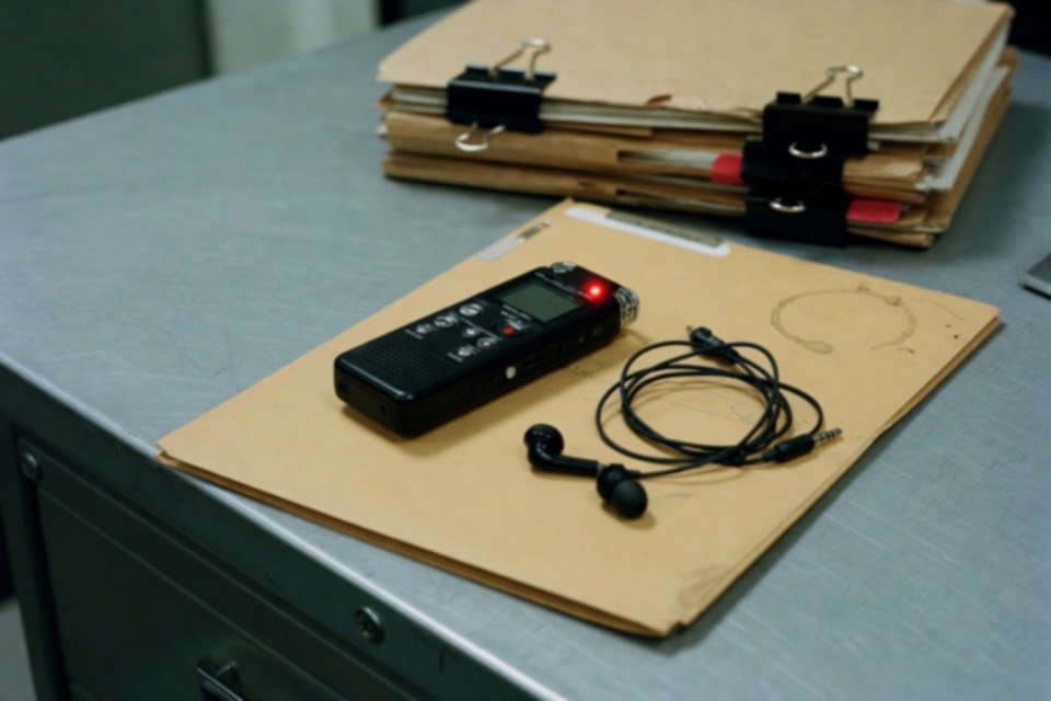 Desk with a voice recorder, earbuds, and case files