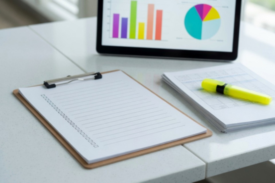 Clipboard, highlighter, and charts on a desk