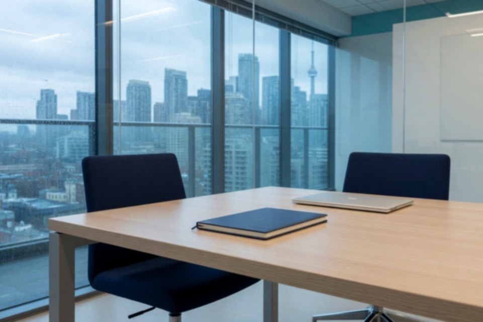 Boardroom with a city skyline